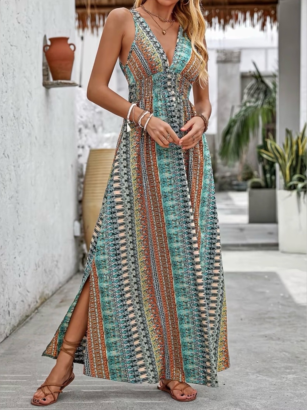 Bohemian V-Neck Maxi Dress in Turquoise & Rust - Women's Summer Dress New - Picture 2 of 4